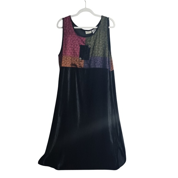 VTG Rayon Velvet Midi Dress Medieval Gothcore Witchy Patchwork Sleeveless Large - Picture 1 of 5